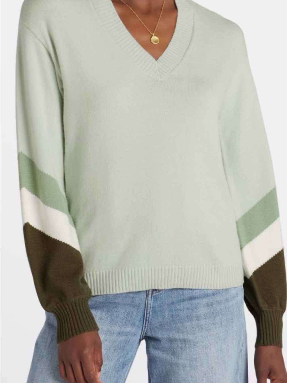 Sebastiane V-Neck Colorblock Sweater - Sage/Olive/White